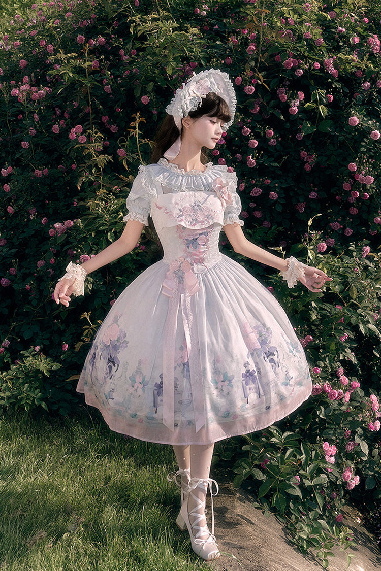 [Morning Dew Rose] Square Collar Flutter Sleeves Printed Embroidered Bow Sweet Chinese Inspired Lolita Jsk Dress 2 Colors (Blue, Green) - Product - 11