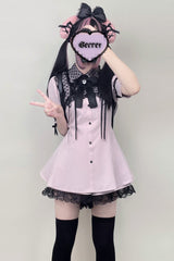 Pink Short Sleeves Lace Jirai Kei Japanese Dress - Pink - 1