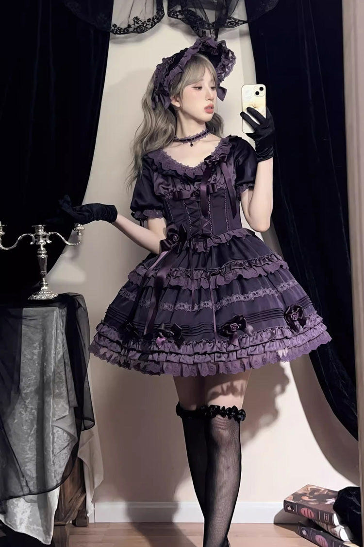 パープル [Layered Blackcurrant] 半袖 フリル リボン レース スウィートロリータ ワンピース 商品画像