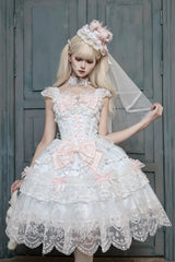 Blue [Bunny Dream Letter] Square Collar Flutter Sleeves Jacquard Ruffled Bow Lace Sweet Princess Balletcore Lolita Jsk Dress - Product - 3