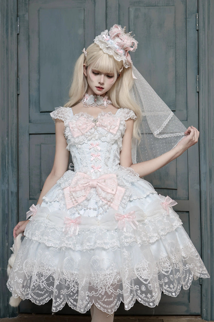 Blue [Bunny Dream Letter] Square Collar Flutter Sleeves Jacquard Ruffled Bow Lace Sweet Princess Balletcore Lolita Jsk Dress - Product - 3