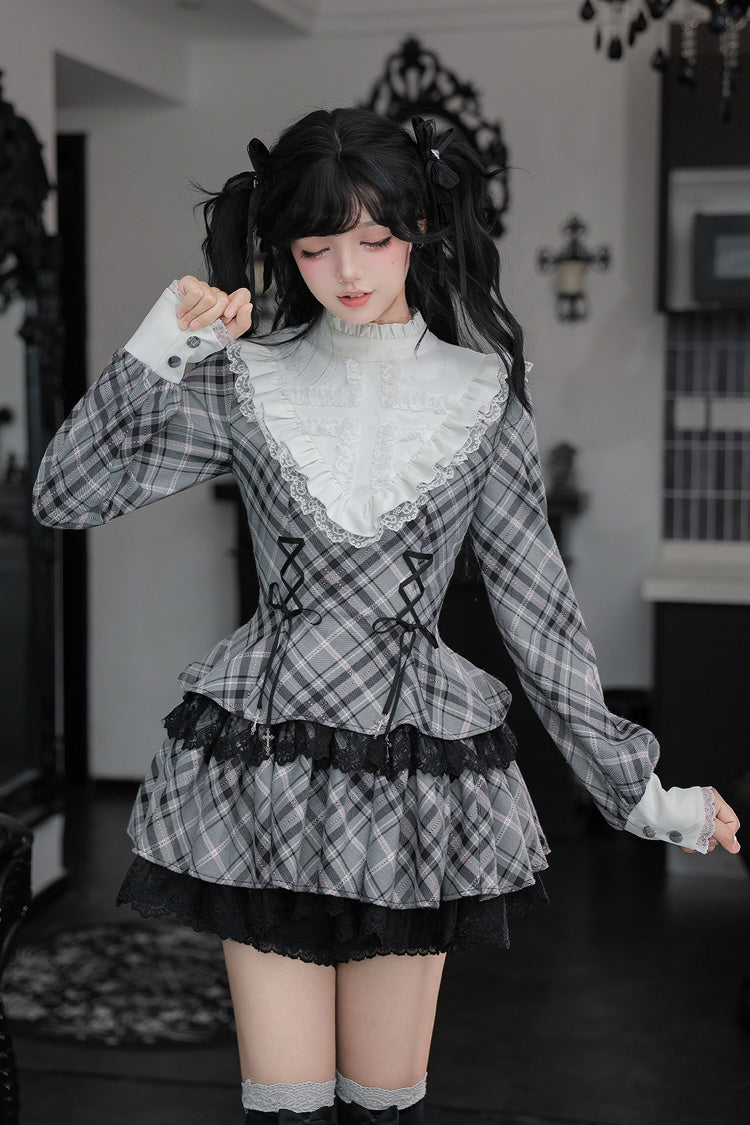[Doki!] Stand Collar Long Sleeves Printed Ruffled Lace-Up Sweet Cool Lolita Dress 2 Colors(Black, Grey) - Grey(Plaid-Print) - 23