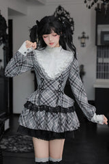 [Doki!] Stand Collar Long Sleeves Printed Ruffled Lace-Up Sweet Cool Lolita Dress 2 Colors(Black, Grey) - Grey(Plaid-Print) - 23