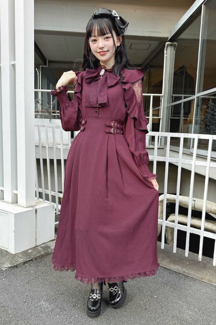 Rose Red Stand Collar Off Shoulder Long Sleeves Hollow Bowknot Slim Jirai Kei Japanese Dress - Product - 6