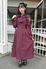 Rose Red Stand Collar Off Shoulder Long Sleeves Hollow Bowknot Slim Jirai Kei Japanese Dress - Product - 6