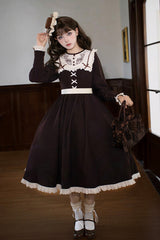 Brown [Miss Brown] Long Sleeves Ruffle Bouquet Embroidery Sweet Lolita Dress (Long Version) - Product - 6