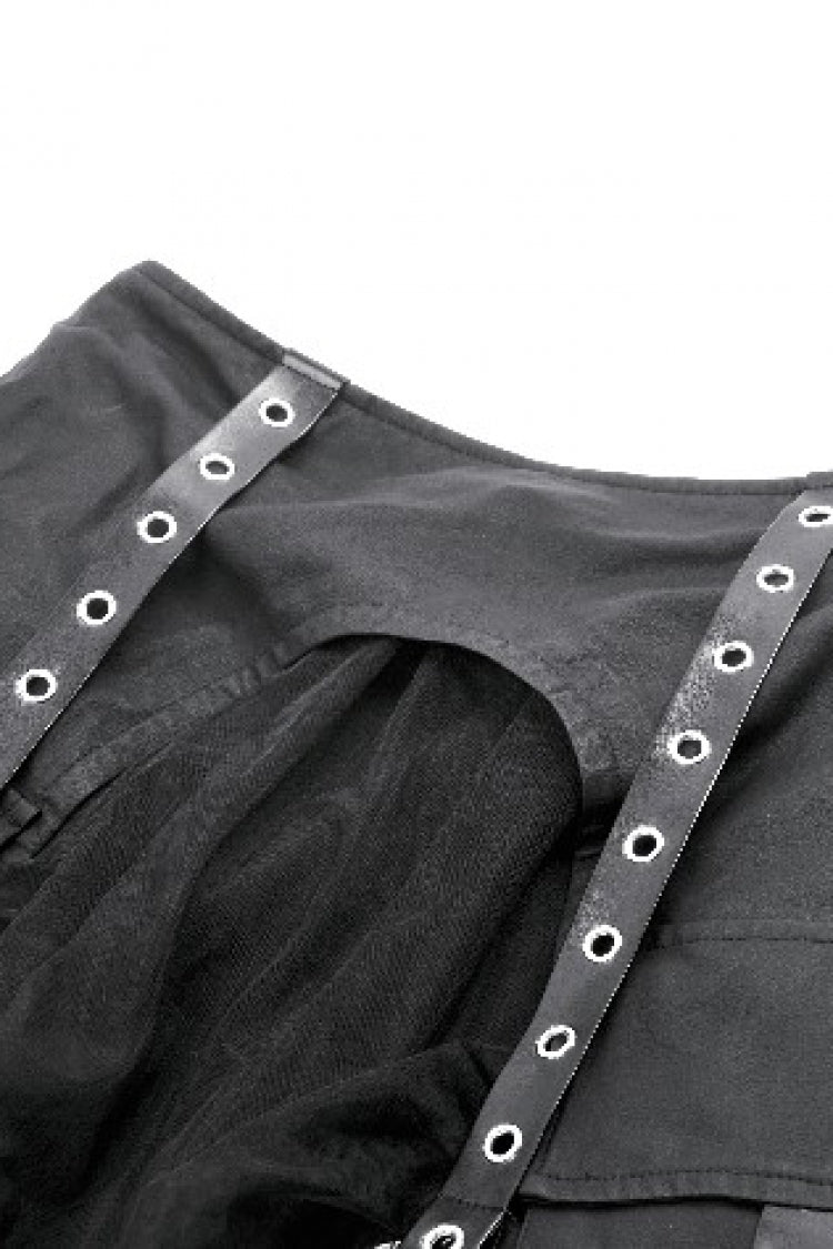 Black Eyelet Straps Women's High-Low Multi-Layered Ruffled Sheer Mesh Punk Skirt - Product - 14
