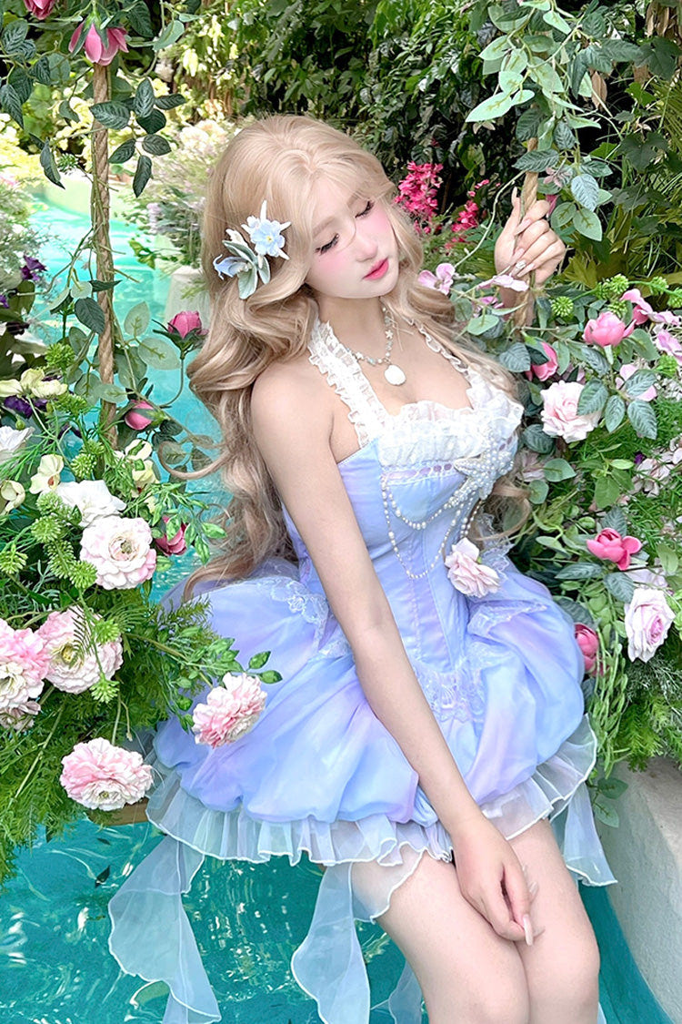 Blue [Starlight Jellyfish Princess] Halterneck Sleeveless Ruffle Lace Sweet Lolita Jsk Dress - Product - 8