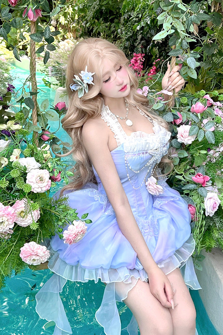 Blue [Starlight Jellyfish Princess] Halterneck Sleeveless Ruffle Lace Sweet Lolita Jsk Dress - Product - 8