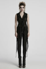 Black V Collar Sleeveless Stitching Lace-Up Irregular Mesh Women's Gothic Long Vest - Black - 1