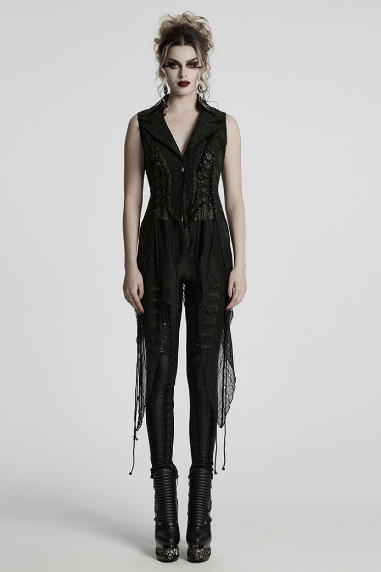 Black V Collar Sleeveless Stitching Lace-Up Irregular Mesh Women's Gothic Long Vest - Black - 1