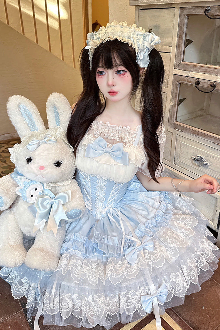 Blue [Dance of Time] Sleeveless Triple-Layered Ruffle Bowknot Lace Lace-Up Sweet Ballet Lolita Jsk Dress - Product - 8