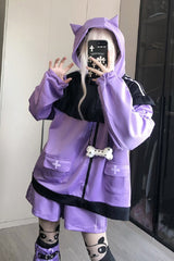 Purple Long Sleeves Cat Ears Hooded Jirai Kei Japanese Shorts Coat Set - Product - 7