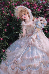 Blue/Pink [Rose Blossom Banquet] Multi-Layered Printed Ruffled Hanayome Bow Lace Sweet Plus Size Princess Gorgeous Lolita Dress - Product - 2