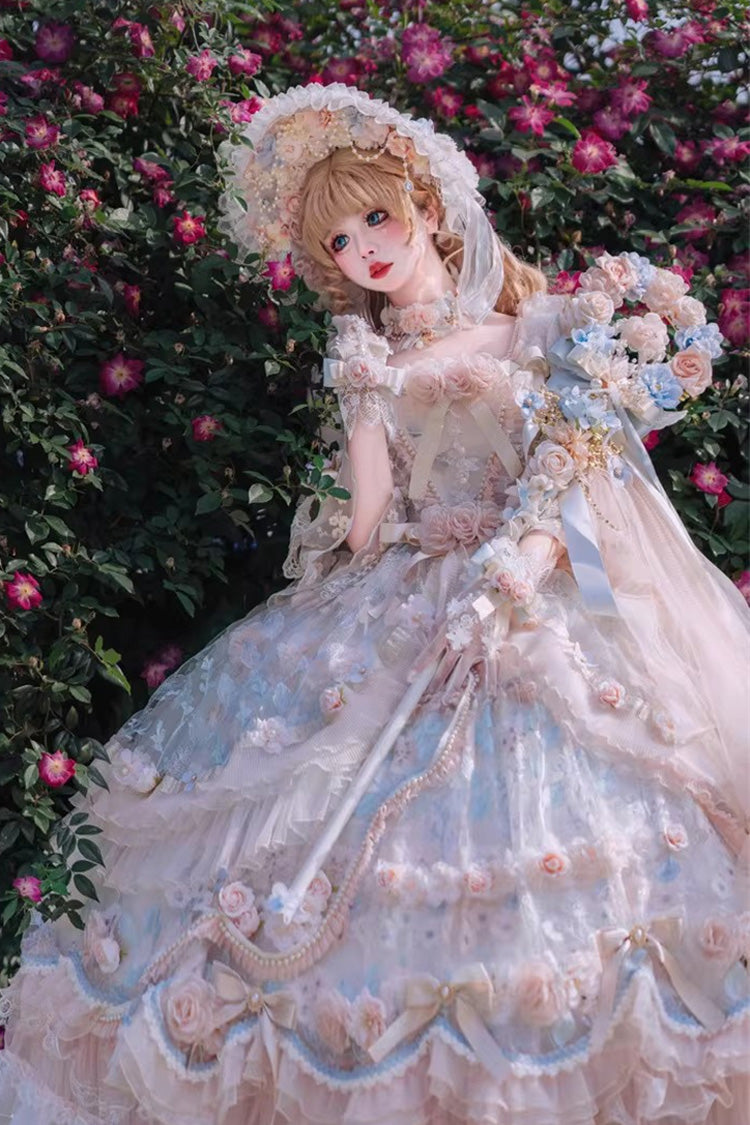 Blue/Pink [Rose Blossom Banquet] Multi-Layered Printed Ruffled Hanayome Bow Lace Sweet Plus Size Princess Gorgeous Lolita Dress - Product - 2