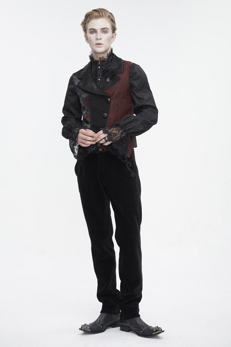 Black/Red Embossed Feather Men's Gothic Waistcoat - Product - 5
