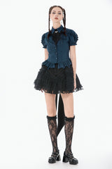 Blue Pinstripe Point Collar Short Puff Sleeves Women's Gothic Blouse with Detachable Bat Bow Tie - Product - 9