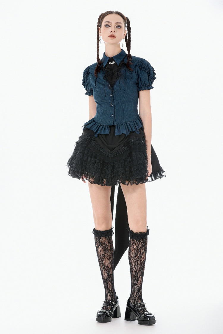 Blue Pinstripe Point Collar Short Puff Sleeves Women's Gothic Blouse with Detachable Bat Bow Tie - Product - 9