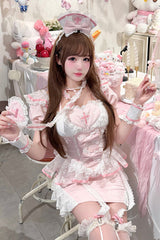 Pink [Little Nurse] Square Collar Short Sleeves Jacquard Ruffled Embroidered Bow Lace Chinese Style Sweet Lolita Skirt Set - Product - 3
