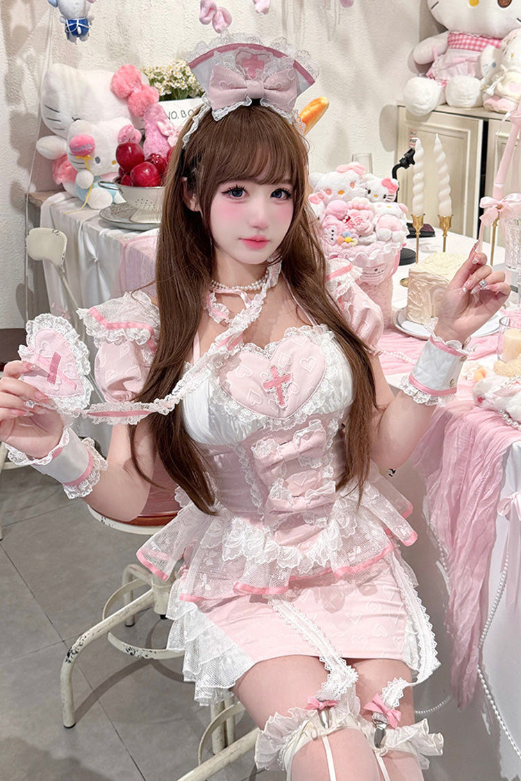 Pink [Little Nurse] Square Collar Short Sleeves Jacquard Ruffled Embroidered Bow Lace Chinese Style Sweet Lolita Skirt Set - Product - 3