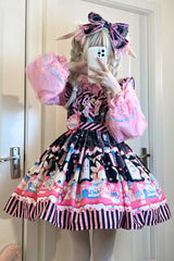 [Bunny Pastry Chef] Print Bowknot Gothic Japanese Lolita Jsk Dress 3 Colors - Black/Pink - 1