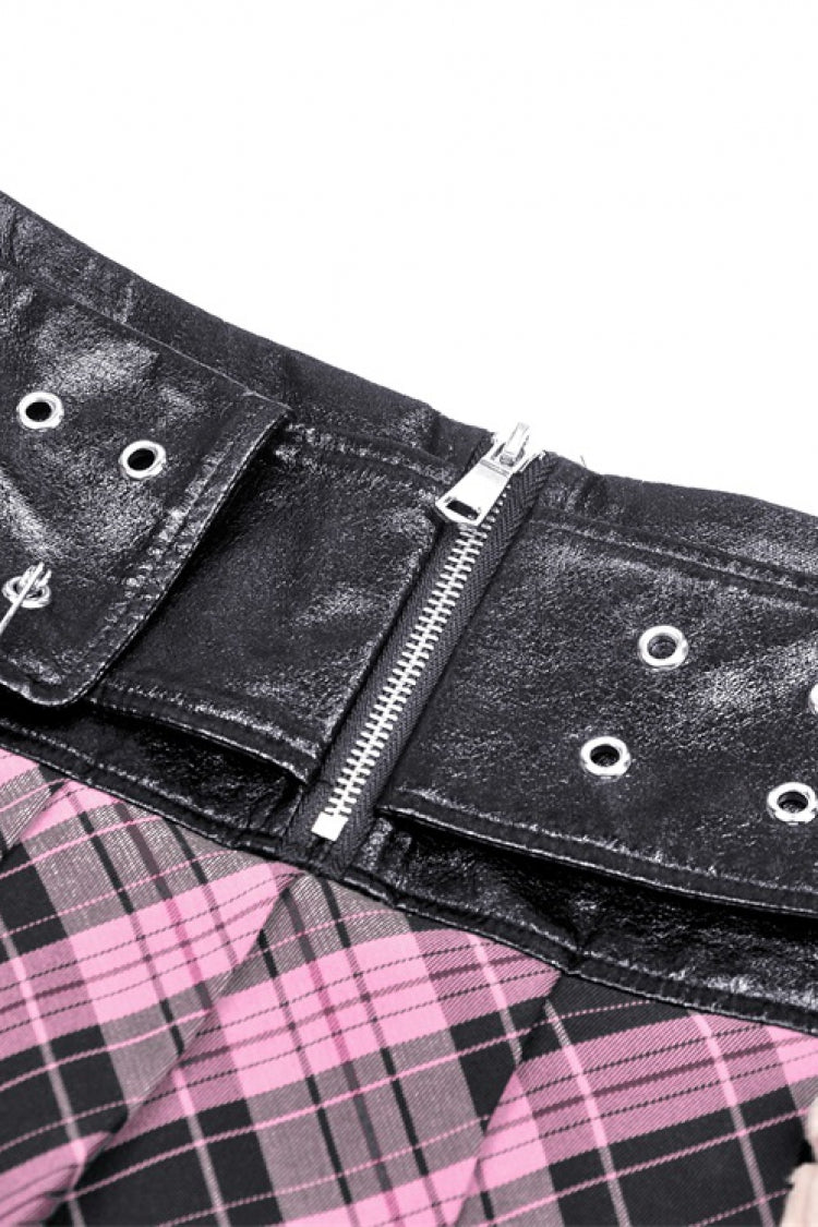Black/Pink Women's Punk Grunge Zippered Faux Leather Spliced Plaid Pleated Mini Skirt - Product - 13