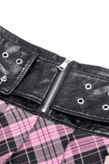 Black/Pink Women's Punk Grunge Zippered Faux Leather Spliced Plaid Pleated Mini Skirt - Product - 13