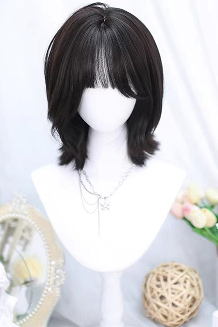 Shoulder Length Short Wig with Air Bangs Sweet Lolita Style 2 Colors - Black-Tea-Brown - 2