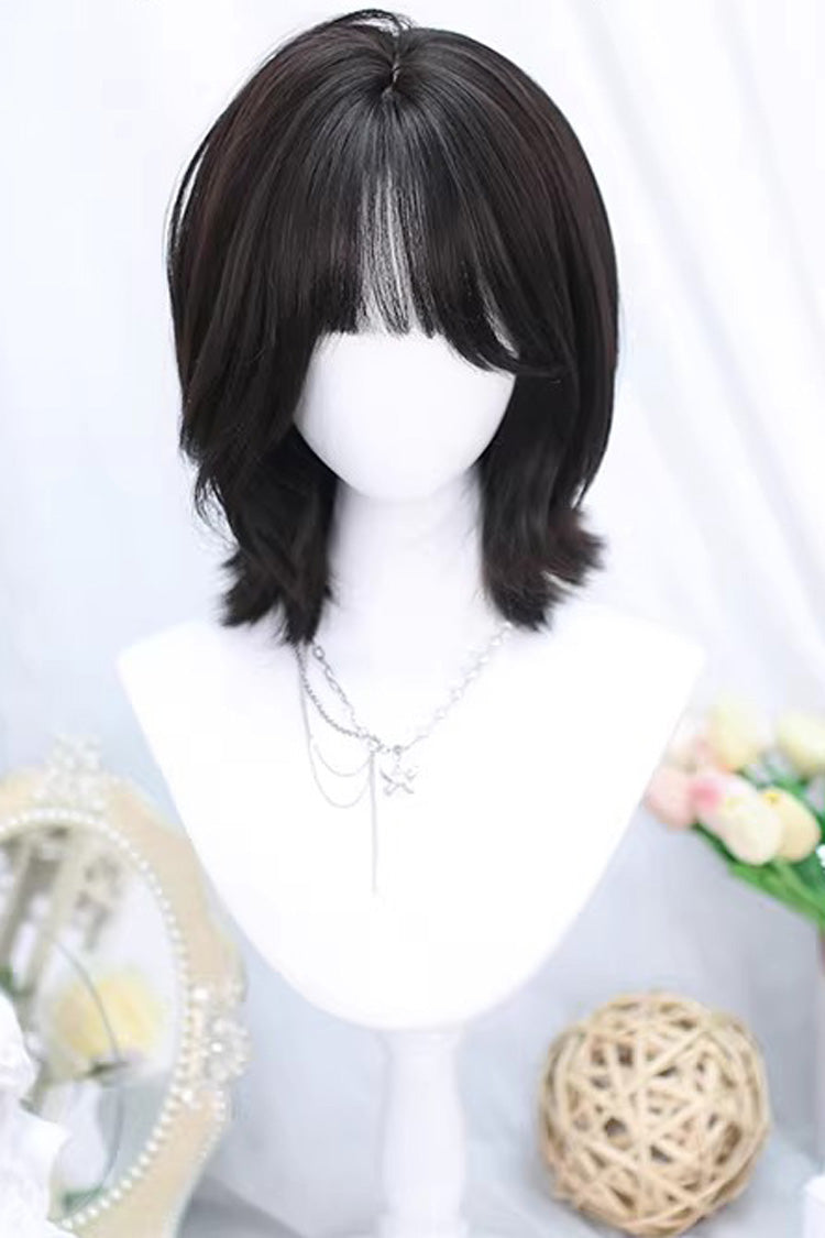 Shoulder Length Short Wig with Air Bangs Sweet Lolita Style 2 Colors - Black-Tea-Brown - 2