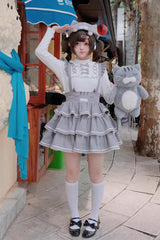 Grey [Gloomy Cat Series] Sleeveless Triple-Layered Ruffled Sweet Suspender Cake Strap Dress - Product - 10