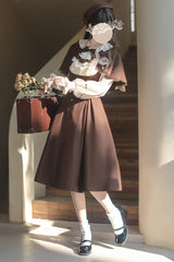 Brown/White [Sunset Academy] Long Sleeves Ruffle Bowknot Fake Two Pieces Vintage College Style Elegant Lolita Dress - Product - 5