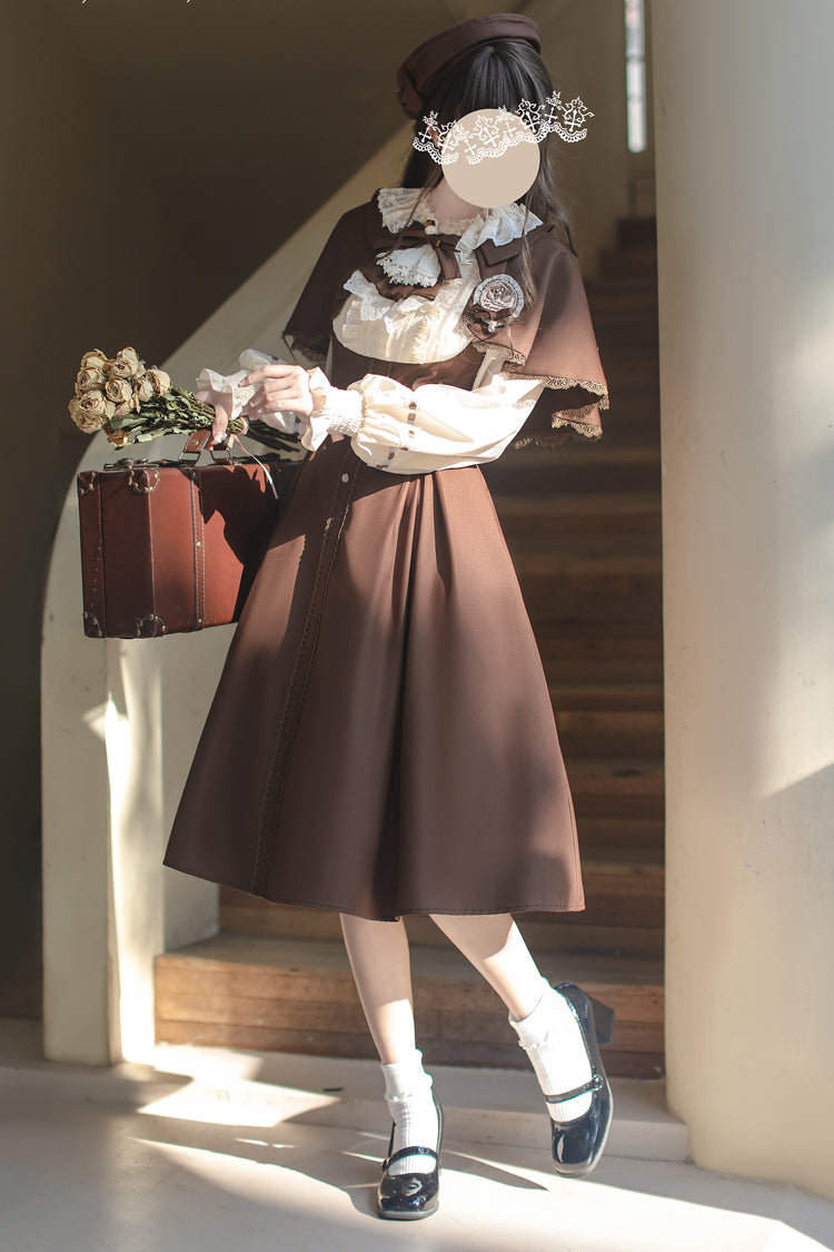 Brown/White [Sunset Academy] Long Sleeves Ruffle Bowknot Fake Two Pieces Vintage College Style Elegant Lolita Dress - Product - 5
