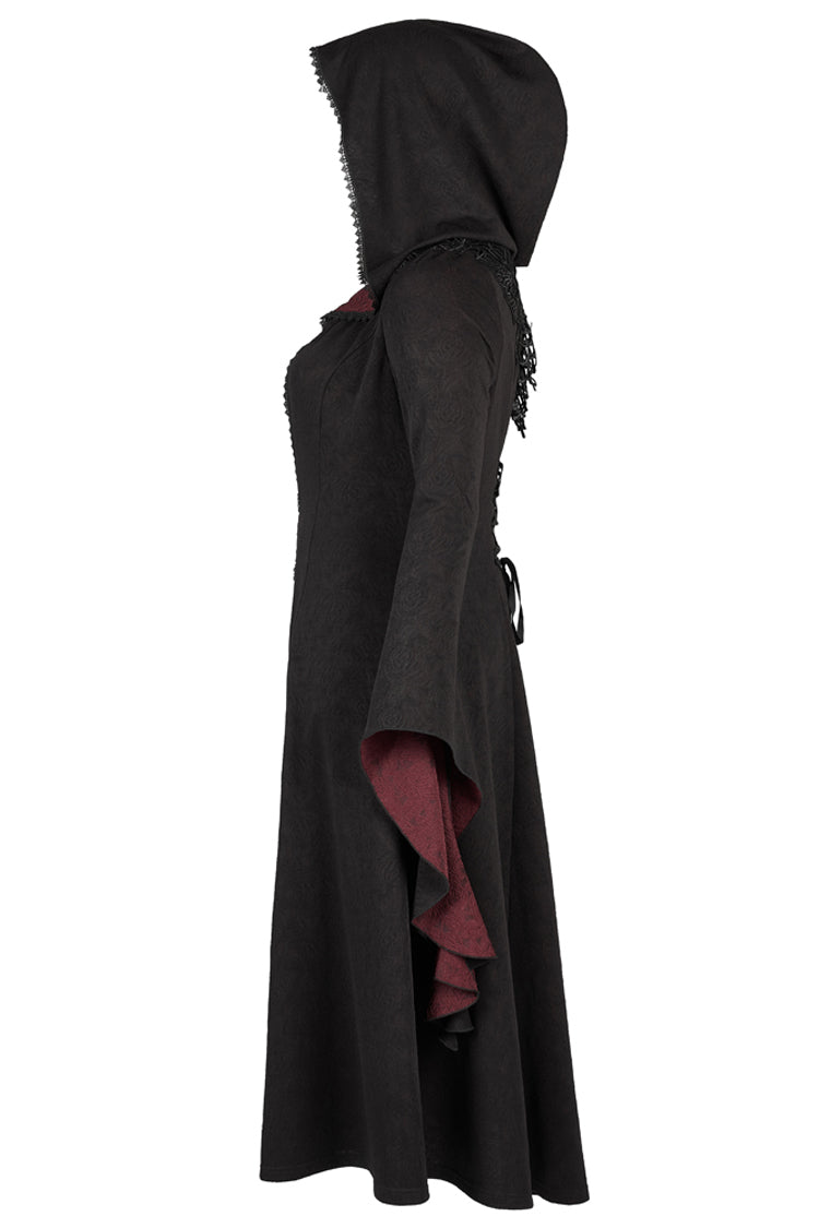 Black/Red Knitted Long Sleeves Big Hat Mystery Witch Rose Pattern Women's Gothic Coat - Product - 3