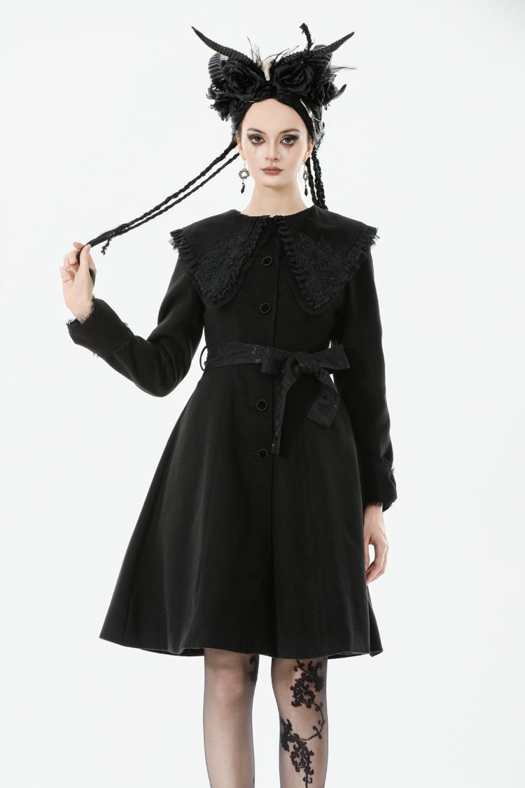Black Floral Embroidered Peter Pan Collar Long Sleeves Bowknot Women's Gothic Coat - Black - 1