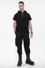 Black Hooded Mesh Splice Zipper Back Openwork Lace-Up Casual Short Sleeve Men's Punk T-Shirt - Product - 4