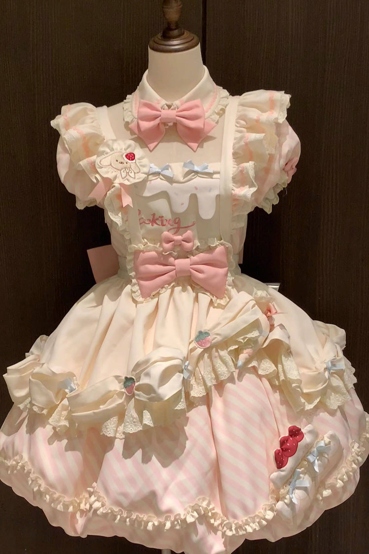 [Puppy Pastry Chef] Lapel Collar Printed Ruffled Embroidered Bow Lace Asymmetric Sweet Lolita Dress 3 Colors (Yellow, Blue, Pink) - Product - 9