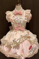 [Puppy Pastry Chef] Lapel Collar Printed Ruffled Embroidered Bow Lace Asymmetric Sweet Lolita Dress 3 Colors (Yellow, Blue, Pink) - Product - 9