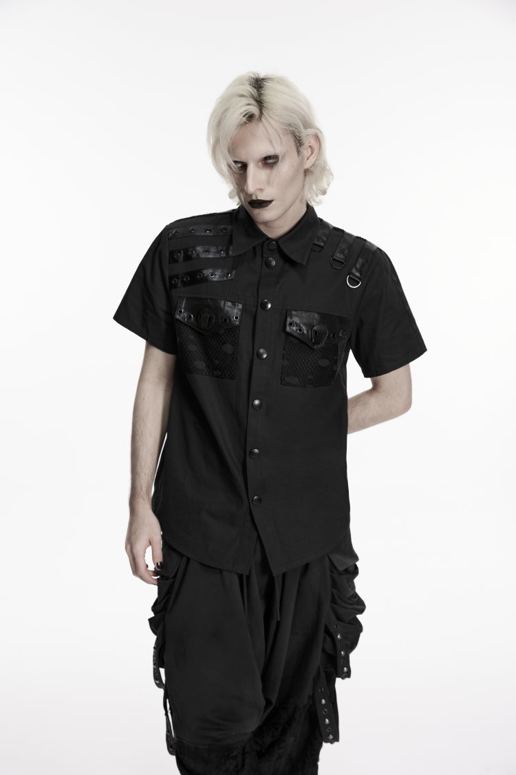 Black Lapel Collar Short Sleeves Cut-Out Spliced Men's Punk Shirt - Black - 1