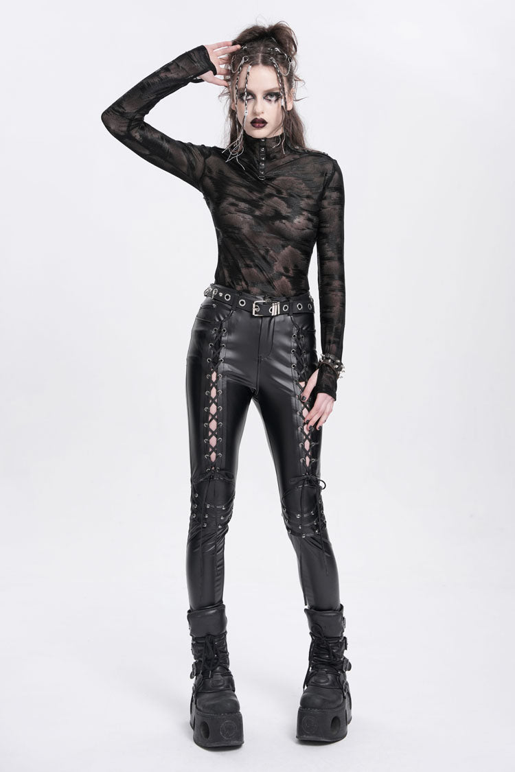 Black Stand Collar Sheer Studded Women's Punk Blouse - Product - 10