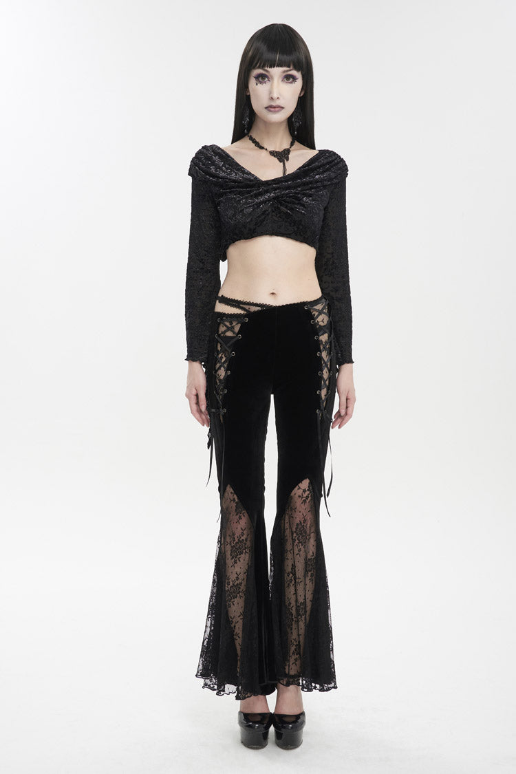 Black Velvet-Paneled Mesh Side-Adjustable Asymmetrical Women's Gothic Leggings - Product - 6