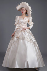 Champagne Half Sleeves Asymmetric Big Bowknot High Waisted Hollow Embroidery Print Victorian Lolita Prom Dress - Product - 2