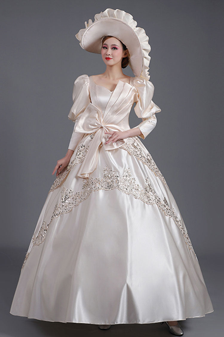 Champagne Half Sleeves Asymmetric Big Bowknot High Waisted Hollow Embroidery Print Victorian Lolita Prom Dress - Product - 2