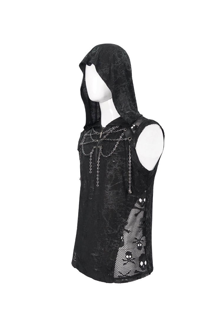 Black Skull Hollowed Out Print Stitched Sleeveless Chain Hoodie Men's Punk Shirt - Product - 8