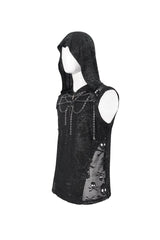 Black Skull Hollowed Out Print Stitched Sleeveless Chain Hoodie Men's Punk Shirt - Product - 8