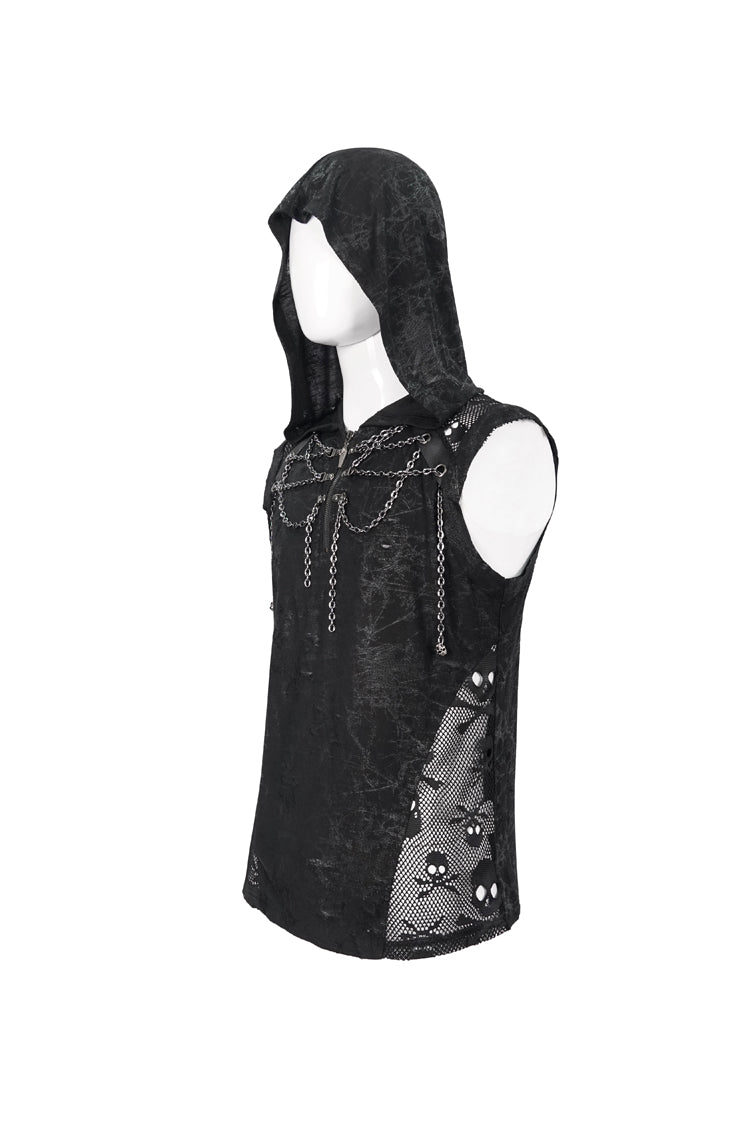 Black Skull Hollowed Out Print Stitched Sleeveless Chain Hoodie Men's Punk Shirt - Product - 8