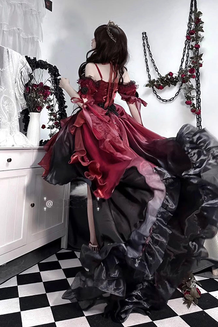 Red/Black Bowknot Irregular Gothic Princess Lolita Jsk Dress - Product - 2