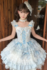 Blue [Honey Sweet Tart] Square Collar Sleeveless Multi-Layered Jacquard Ruffled Bow Lace Lace-Up Lolita Jsk Dress - Product - 8
