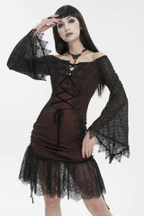 Red Elastic Texture One-Shoulder Hem Splicing Lace Bell Sleeve Women's Gothic Dress - Product - 2