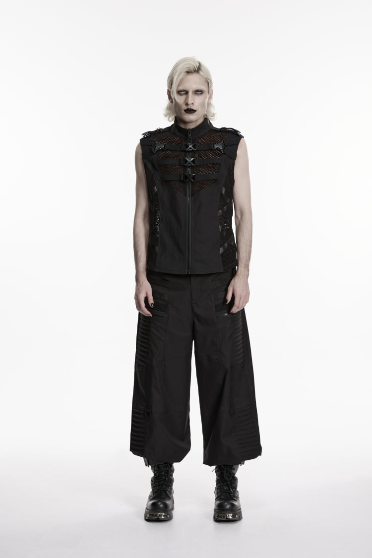 Black Stand Collar Sleeveless Cut-Out Spliced Mesh Buckled Eyelet Men's Punk Handsome Vest - Product - 2