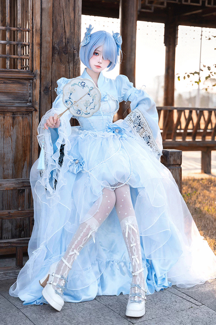 Blue/White Porcelain Printed Ruffled Bow Lace High-low Sweet Plus Size Lolita Jsk Dress(Long Version) - Product - 2